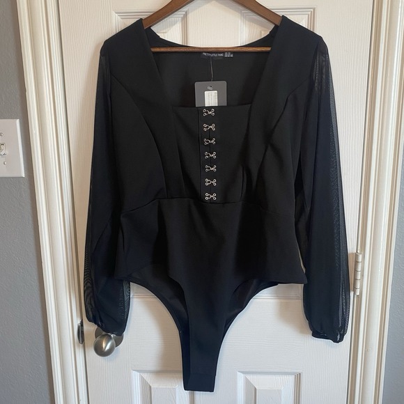 Pretty Little Thing Black Mesh Long Sleeve Corset Goth Bodysuit NWT Women's 16 - Picture 1 of 4